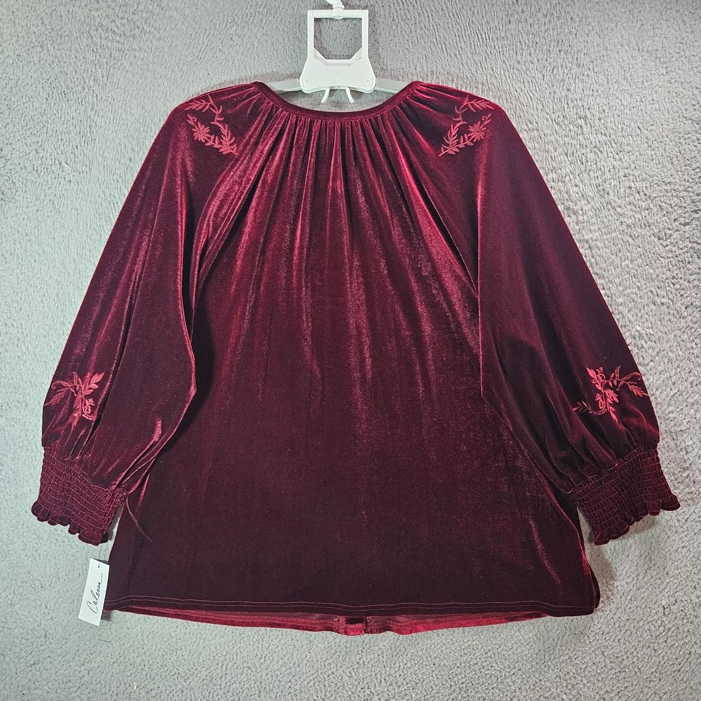 $79 NEW Calessa Embroidered Velvet Shirt Top Women 2X Stretch Dark Red NWT‎ - Picture 10 of 13